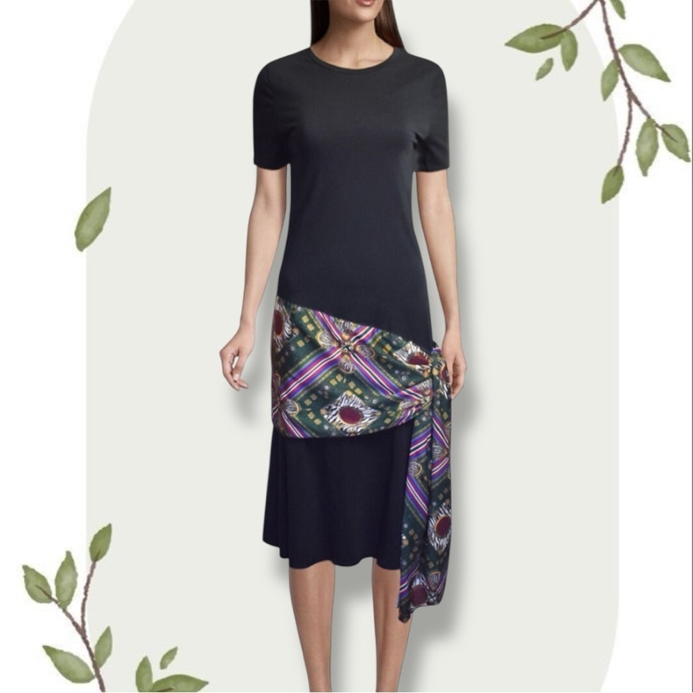 Zara Black Midi T-Shirt Dress with Drop Waist Side Tie Silky Scarf- Size Small